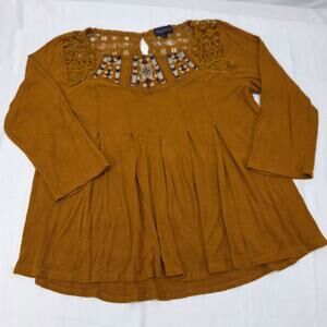 Artesia Womens Medium Boho Peasant Top Mustard Embroidered Crochet Lace